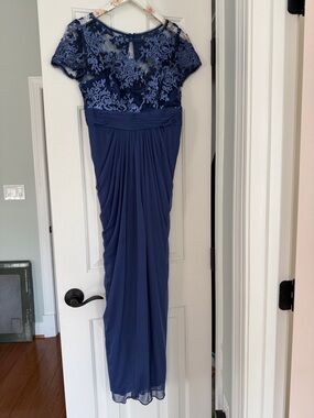 Adrianna Papell Navy Lace Appliqué Maxi Dress